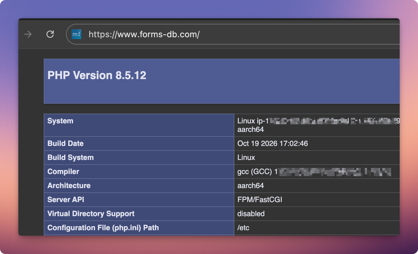 Server information page showing PHP Version 8.5.12 running on a MachForm Cloud server.